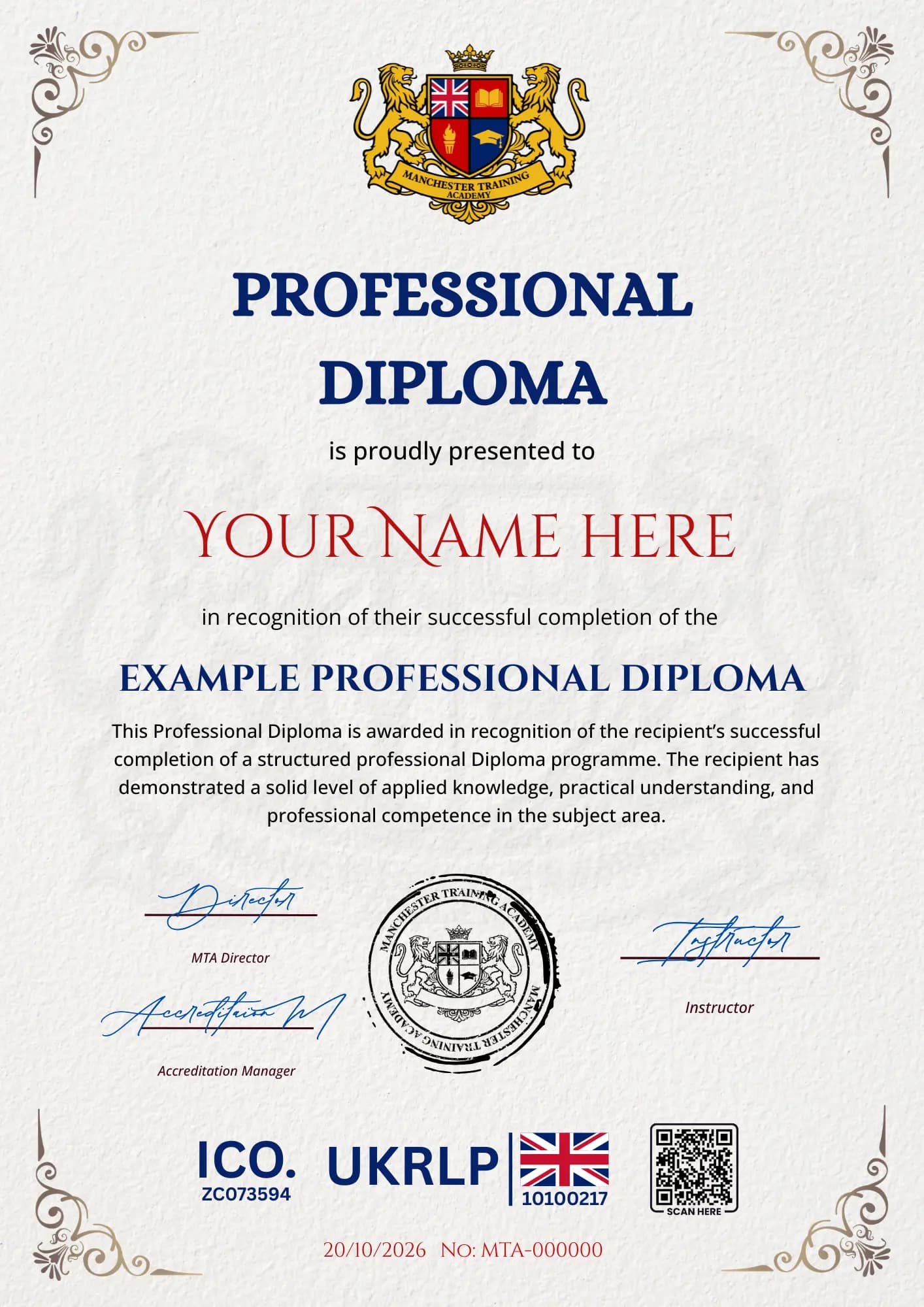 Example Manchester Training Academy certificate — Professional Diploma