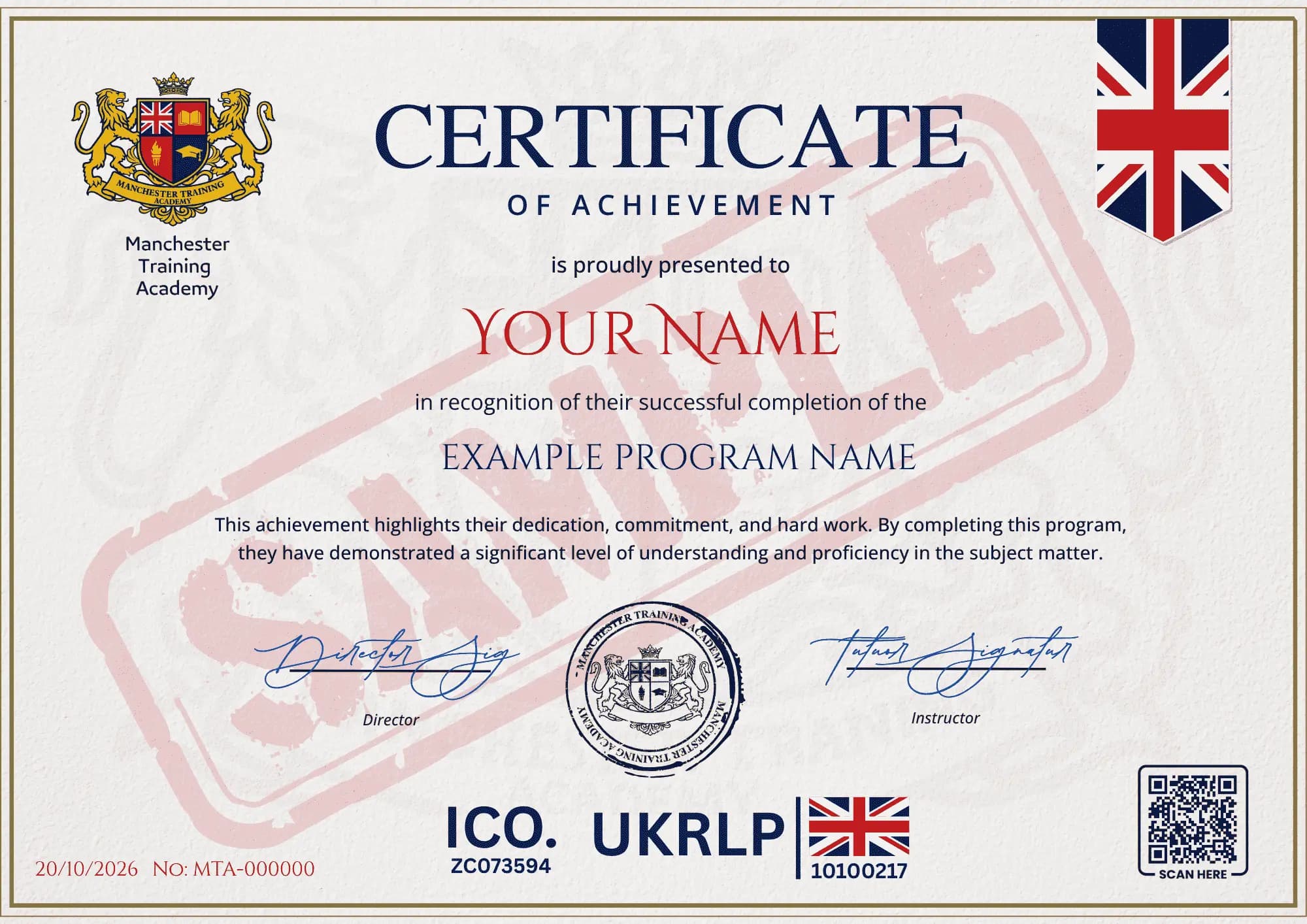 Example Manchester Training Academy certificate